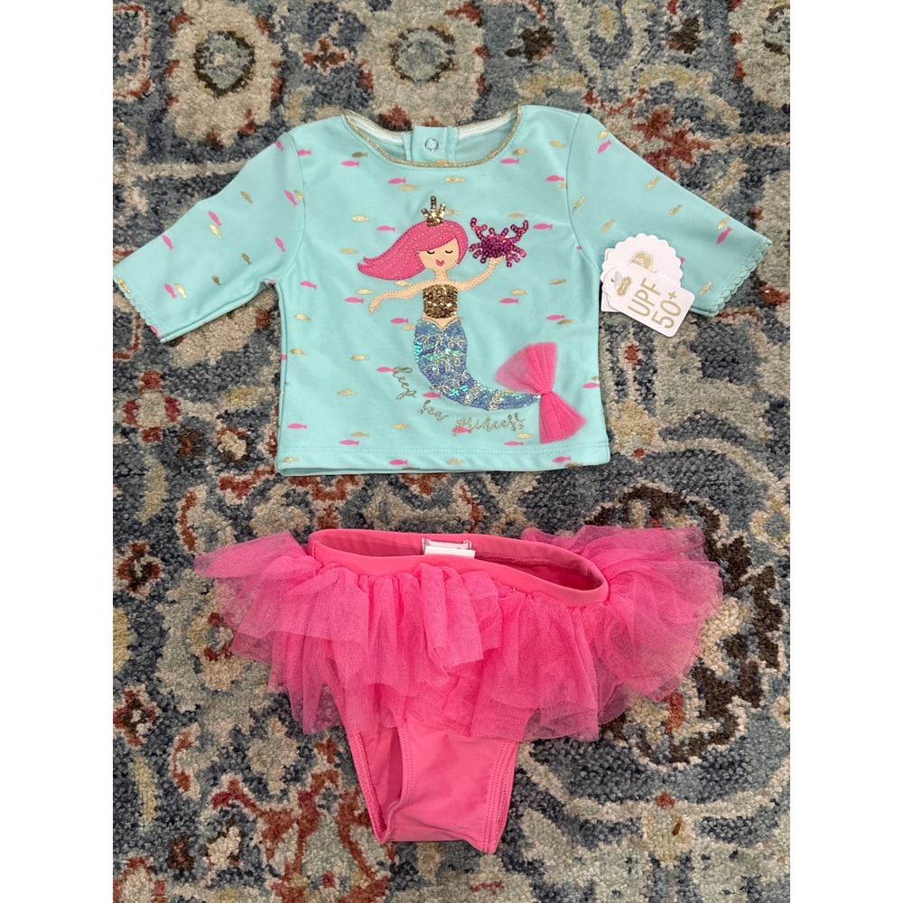 Mud Pie Mermaid Rash Guard Tutu Swimsuit Girls 3-6M Mint Pink Sequin NWT
